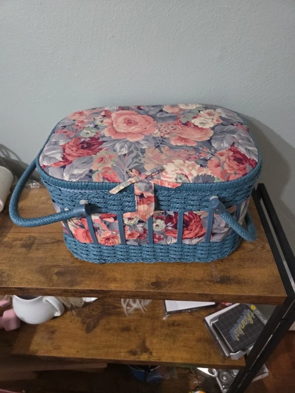 Floral Blue Woven Sewing Basket with Rose Print Lid